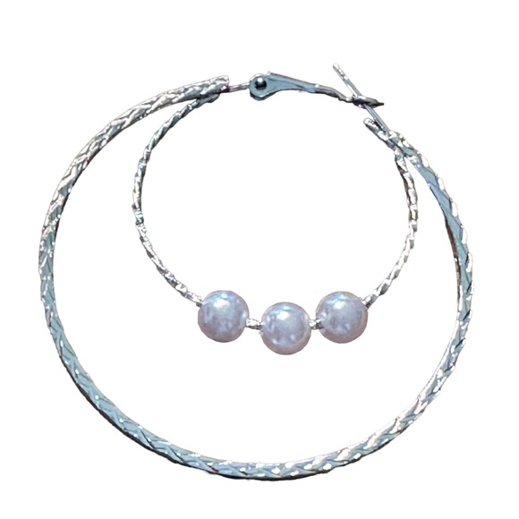 Silver Double Layered Hoop Earrings with Pearls - Picture 4 of 6